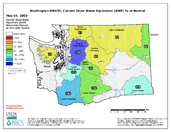 Basin-averaged snow water equivalent (SWE) percent of normal from the National Resources Conservation Service (NRCS) as of May 4, 2009 (http://www.wcc.nrcs.usda.gov/gos/snow.html). [Please click on this image to view it larger].