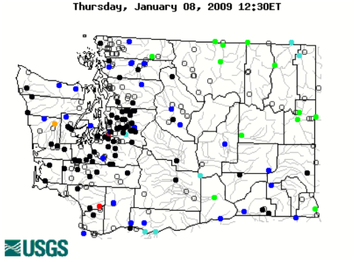 Streamflow data on January 8, 2009 compared to the normal streamflow for this date. Black dots are classified as High, dark blue are greater than 90% (much above normal), light blue is between 76-90% (above normal), green is between 25-75% (normal), orange is between 10-24% (below normal), and red is less than 10% (much below normal) [from USGS].