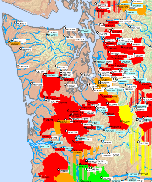 Snapshot of streams in western WA on January 8th with their flood status color-coded. Red is above the flood stage, orange is above bankfull, yellow is 90% of bankfull, and green is 80% of bankfull [from NWS].