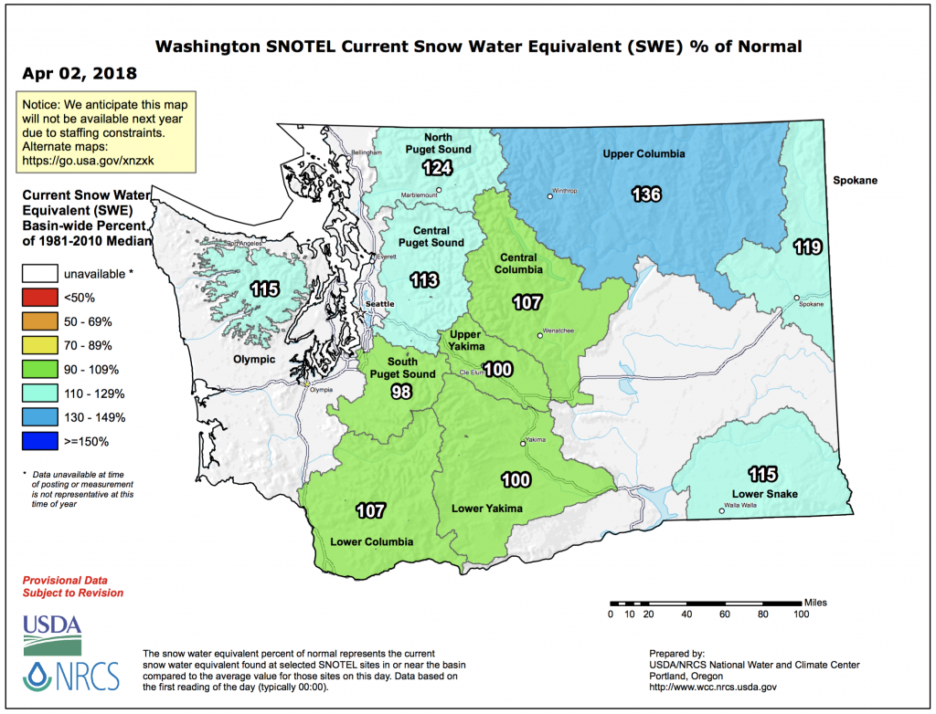 Basin average April 2, 2018 snow water equivalent for WA state showing normal to above normal values everywhere.