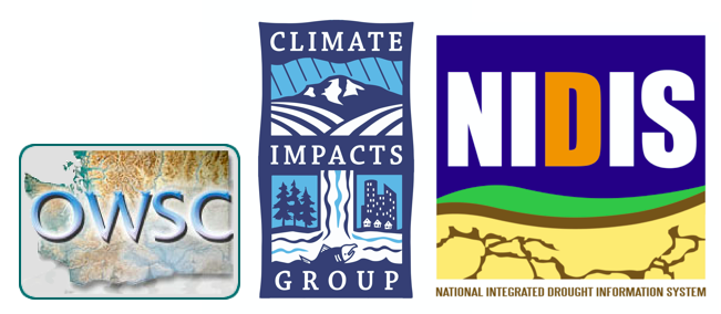 Logos for UW's Office of the WA State Climatologist, UW's Climate Impacts Group, and NOAA's National Integrated Drought Information System.